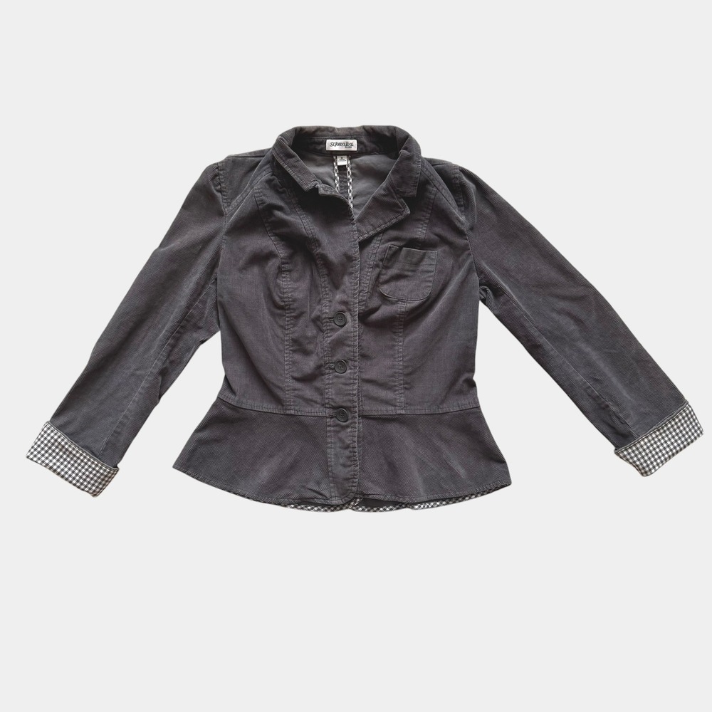 St. Johns Bay Gray Corduroy Peplum Jacket Blazer Gingham Trim sz M Preppy Twee